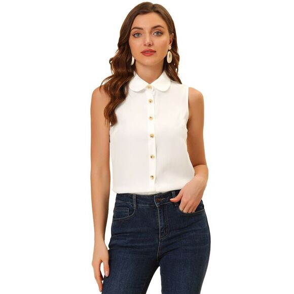 Allegra K Tops - Tops Women's Sleeveless Peter Pan Collar Chambray Shirt White